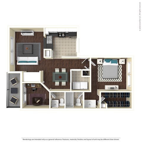 Floor plan for 1 bed, 1.5 baths, 897 sqft